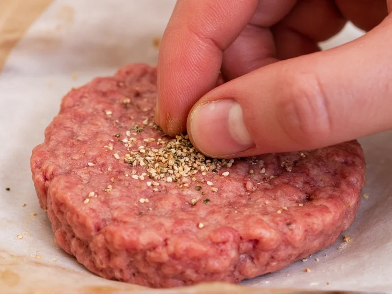 Hand sprinkling homemade seasoning on hamburger patty