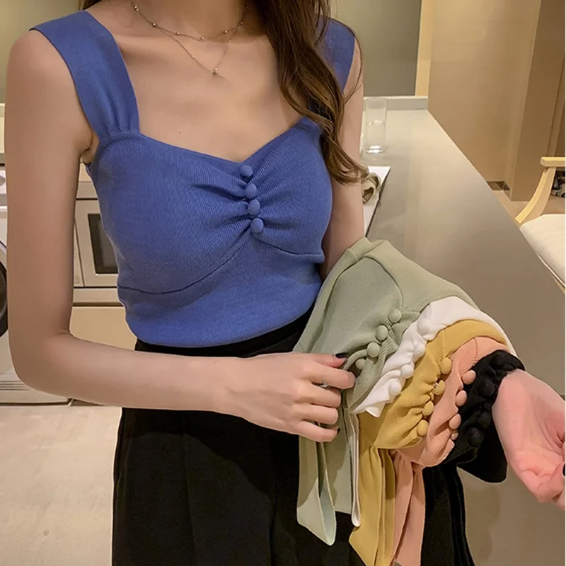 

2021 New Women Summer Knitted Tank Crop Tops Ruched Front With Buttons Slim Fit Sleeveless Going out Casual Tops shirts T-shirt