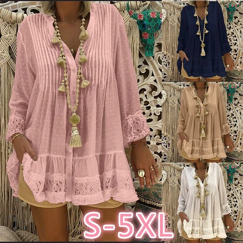 

Lace stitching long-sleeved loose large size shirt loose top plus size ladies blouses, Picture color