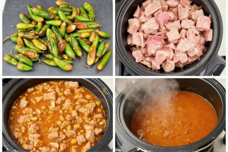 Step-by-step preparation of pork green chili showing roasted green chilies, diced pork shoulder, and simmering pot with steam rising