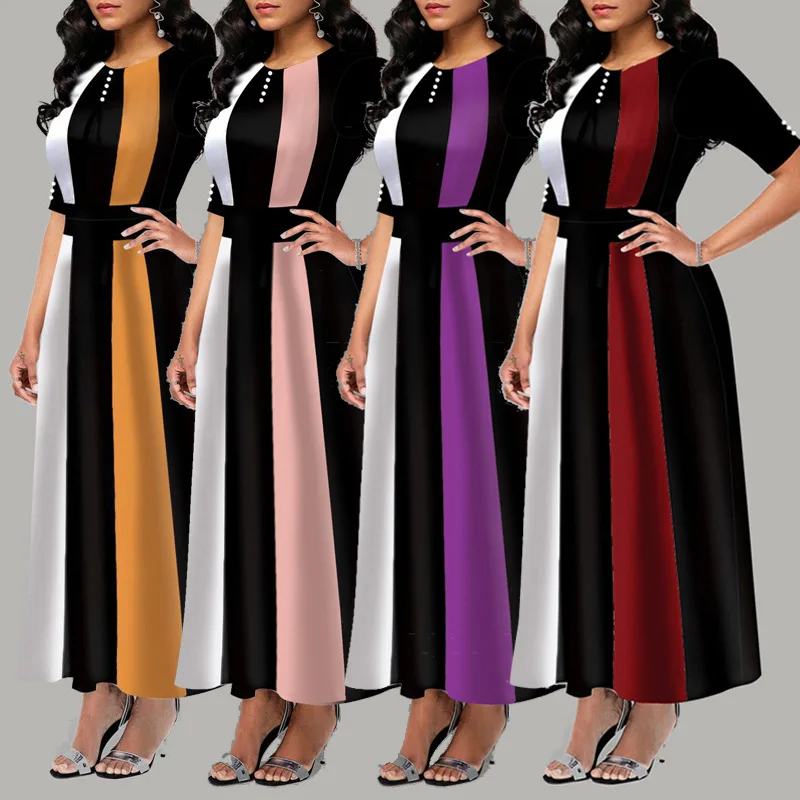 

O-neck Long Fashion Shirt Satin Women's Casual Dress Vintage Striped Elegant Women Dress Lady Women Maxi Standard 2 Pcs Adults