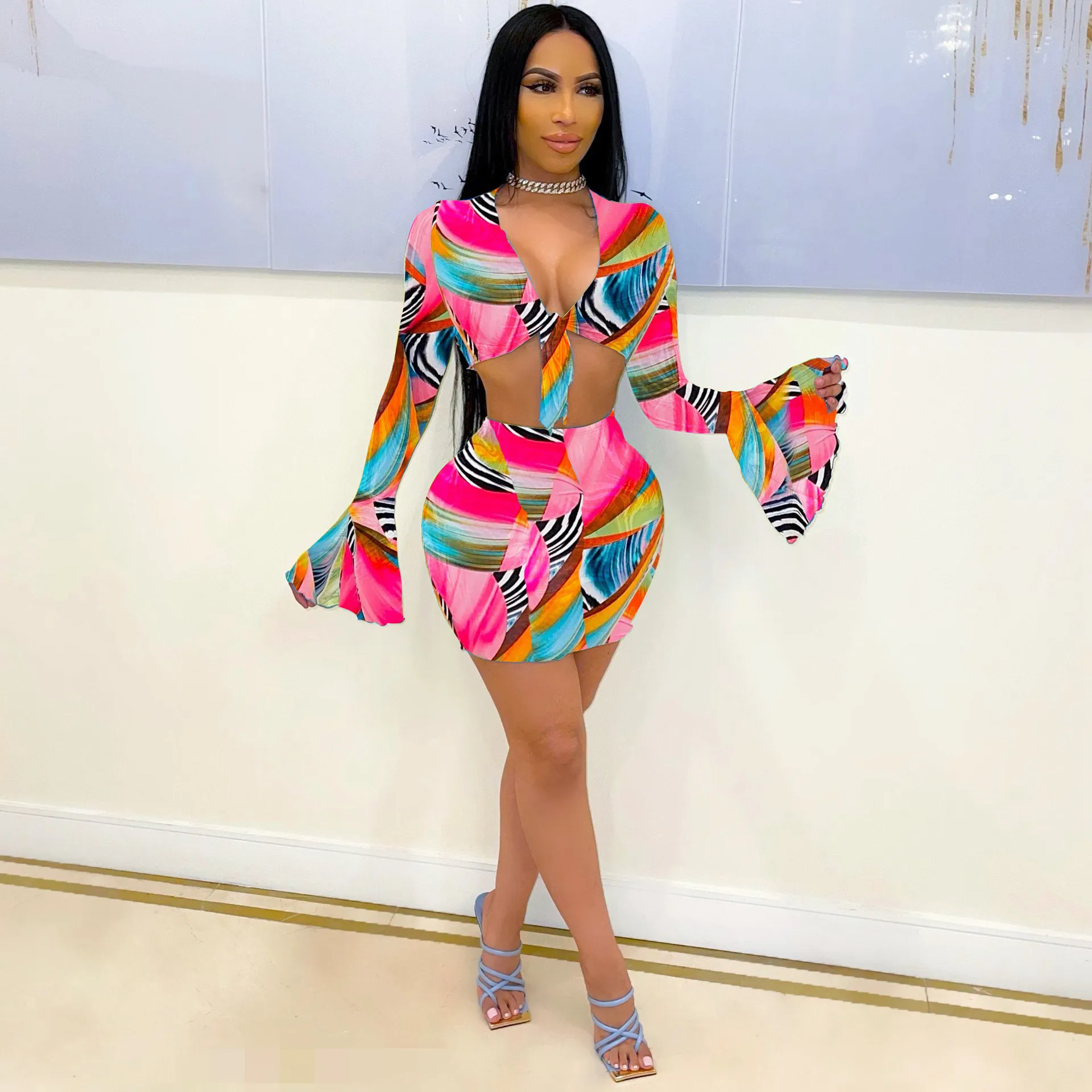 

mini skirt long sleeve printing short sets women 2 piece sexy fall outfits for 2021