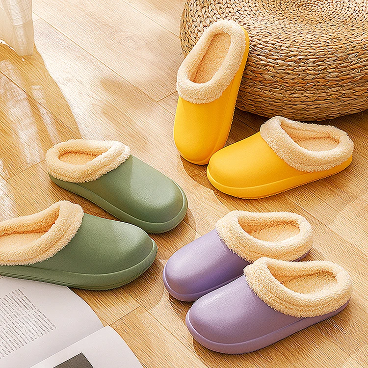 

Wholesale Waterproof Winter Fur Women Clogs Lined Fur Slippers Home Shoes Men Solid Color Indoor Slippers