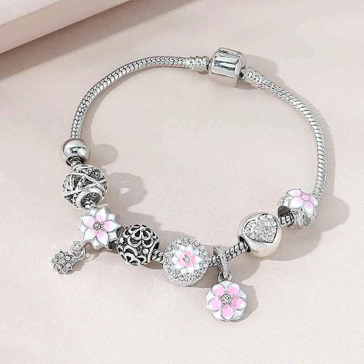 

Exquisite Silver Plated Shiny CZ Zirconia Heart Charm Bracelet Pink Oil Drop Crystal Flower Charm Bracelet For Women, Picture color