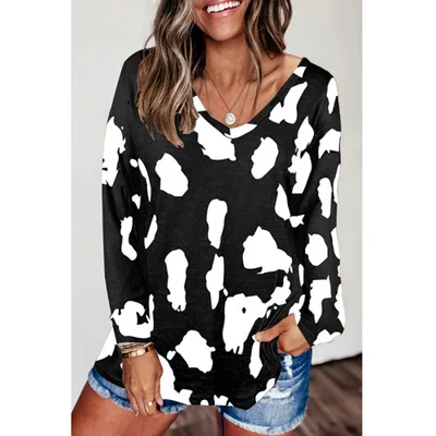 

Autumn New Women's Blouse Fashion Loose Print Pullover V-neck Mid-length Long-sleeved T-shirt, Picture showed