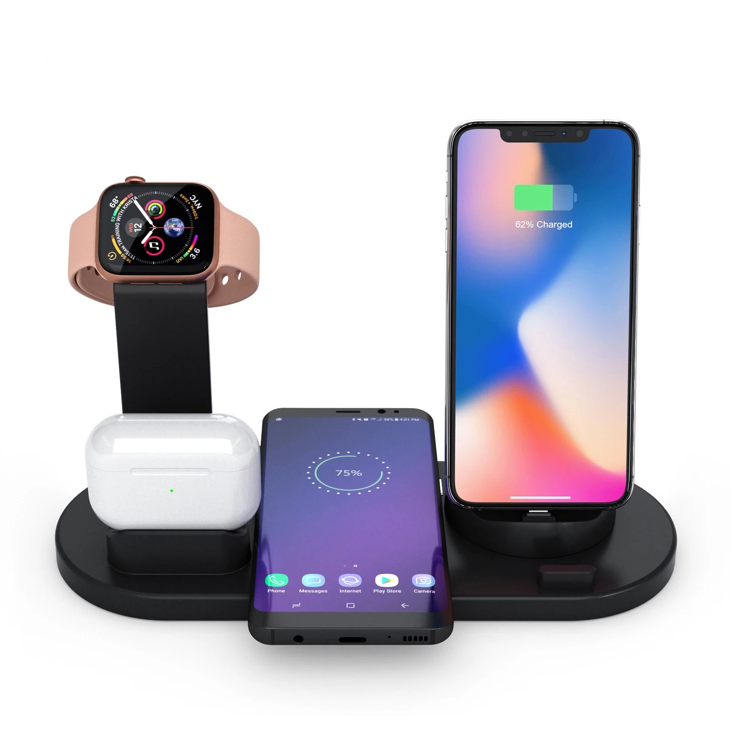 

New Technology 4 in 1 Wireless Charger Dock Station Stand for watch, mobile phone earphone, White black silver