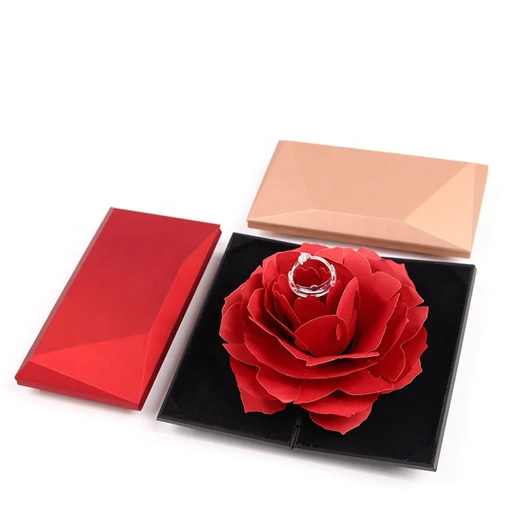 

New Style Wholesale Fancy Foldable Rose Flower Ring Box for Gifts Wedding, Gold, red, black