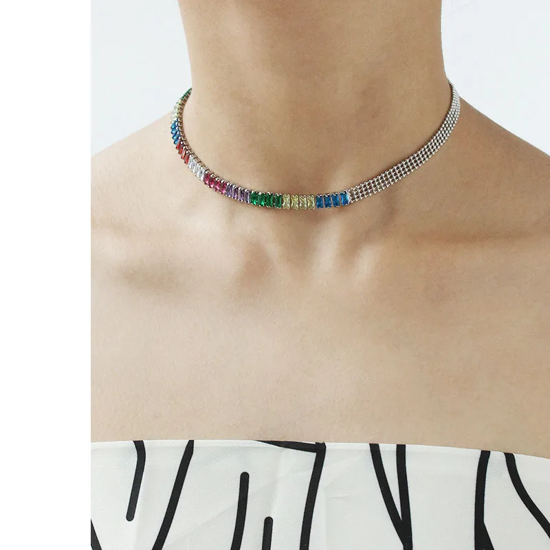 

Summer New Rainbow Tennis Baguette CZ Choker Colorful Zircon Silver Beaded Chain Half CZ Multicolor Half Mesh Chain Necklace, As picture