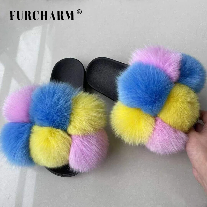 

2021 new design Wholesale real fur slide fox fur slippers for women