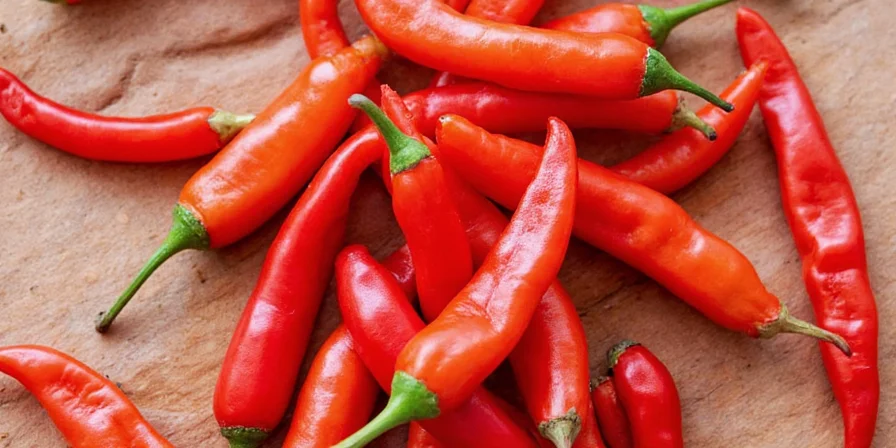 A close-up of thin red chili peppers on a wooden table