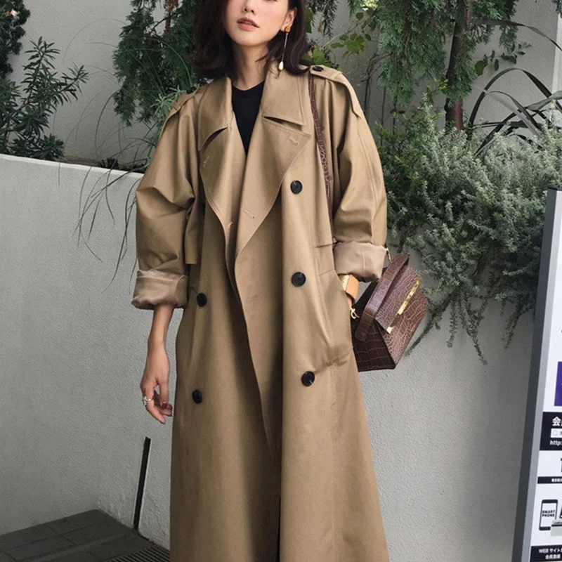 

Good quality ladies windproof jacket with belt oversized windbreaker spring coats long trench coat plus size coats, Khaki and army green