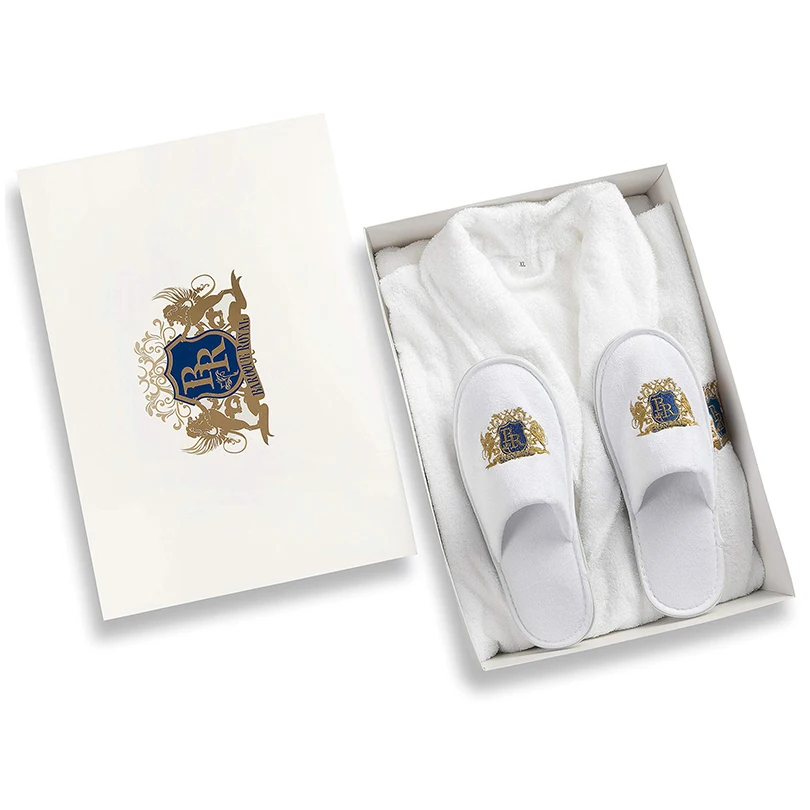 

100% Cotton Embroidery Logo Terry Cloth Bath Robe Shawl Collar Hotel Spa Bathrobe and Slipper Set in Gift Box, Customized color