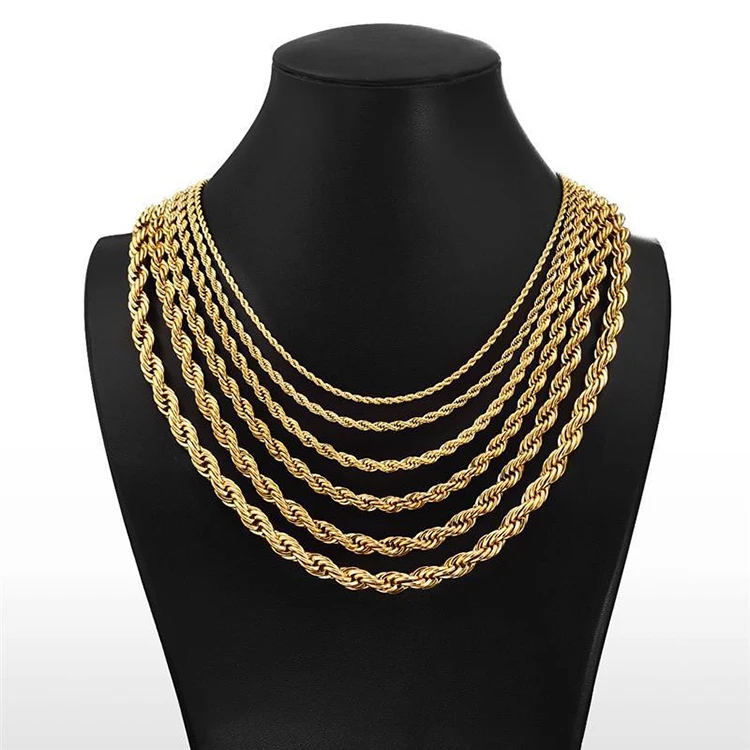 

K110 Hip Hop Non Tarnish 2MM 3MM 4MM 5MM 8MM PVD 18K Gold Plated Twist Rope Link Necklace Stainless Steel Chain Jewelry