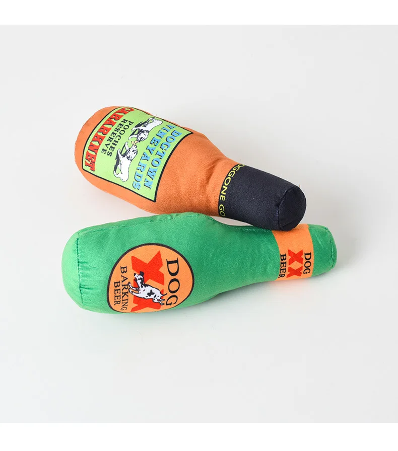 

Built-in sound dog toy chewy biting plush beer bottle pet toy wholesale