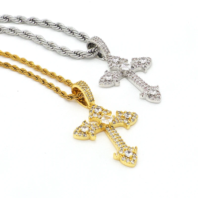 

2022 New Trendy Jewelry Gold Plated CZ Pendant Stainless Steel Chain Hip Hop Cross Necklace, As pic shown