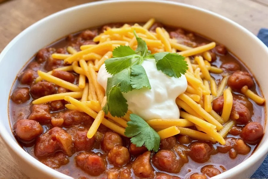 Finished bowl of homemade chili with toppings including cheese, sour cream, and fresh cilantro