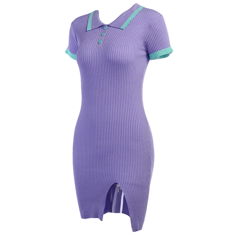 

Short Sleeve Ribbed Knitwear V-Neck Button Up Female Outfit Bodycon Dress