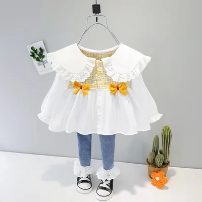 

2021 new Boutique spring toddler girls clothing sets wholesale girls plaid shirt and denim lace jeans pants 2 pcs clothing set, Picture shows