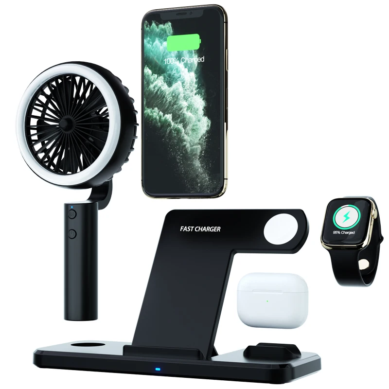 

2021 New 4 in 1 Fan With Night LED Lamp Fashion 15W Wireless Charger Stand for Mobile Phone For Apple Watch for Airpods