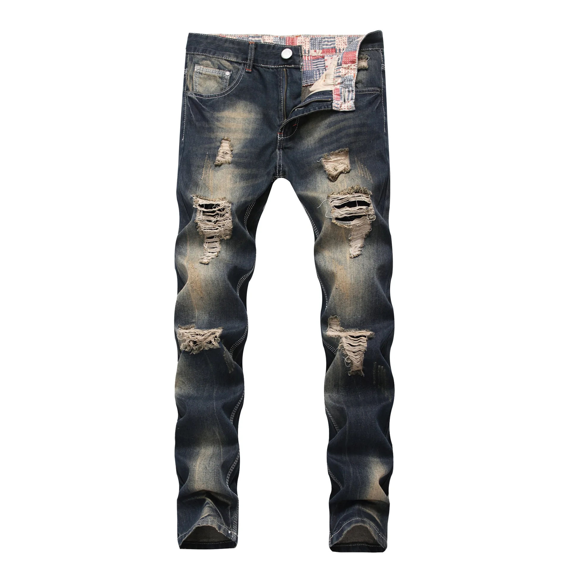 

Men's ripped jeans nostalgic men's straight-leg slim-fit denim trousers denim jeans, Picture color