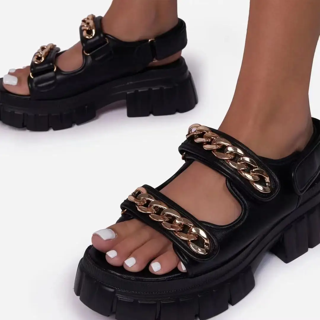 

2021 New Design Eva Mid-Heel Sandals Lightweight Ladies Sandals Fashion Chain Women Beach Shoes, Single color