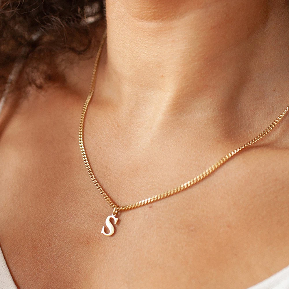 

18K Gold PVD Plating Personalized Initial Charm Necklace Dainty Cuban Link Chain Custom Initial Necklace For Women Men, Gold , rose gold , silver