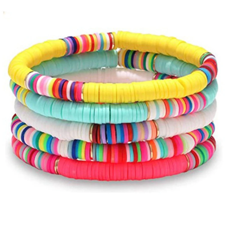 

Fashion Heishi Surfer Bohemian Bracelet Colorful Polymer Clay Disc Bead Stretch Summer Beach Bracelet Rainbow Bracelet, Picture shows