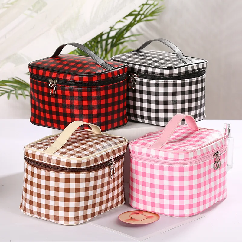 

Korean Japan Simple Style Square Oval Cosmetic Case Beauty Skincare Organizer Toiletry Storage Plaid Grid Pattern Makeup Box, Customized color