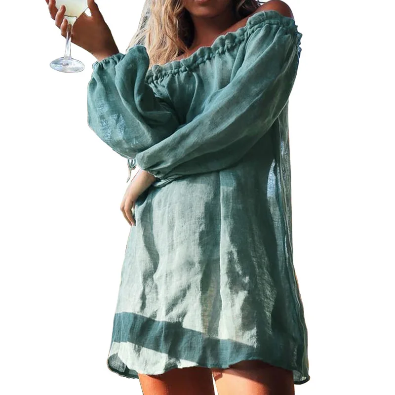 

Cotton Beach Dress Cover Up Thong Swim Cover-ups Long Sleeve Beachwear Off Shoulder Bikini Women Cover up tunic