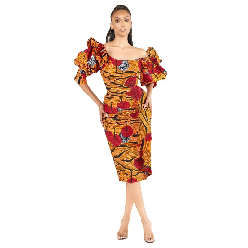 

10225-MX86 new spring one shoulder kaftan printed midi dresses sehe fashion