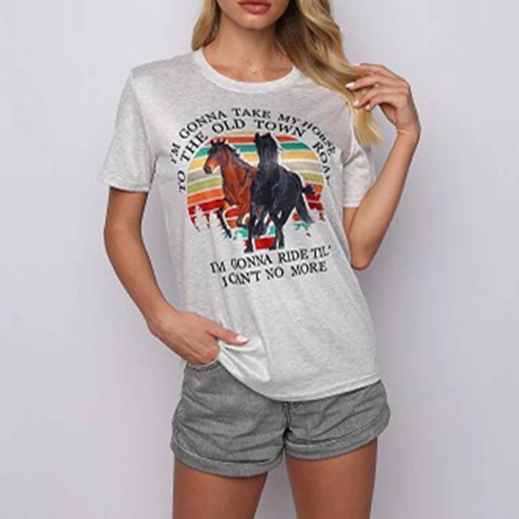 

Horses Running Letter Graphic Print T-shirt Funny Women Saying Short Sleeve Tops, Customized color