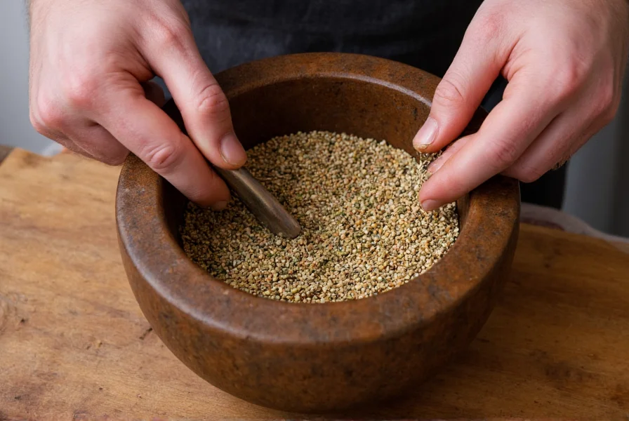 Chef's hands grinding whole spices including coriander and caraway seeds in a mortar and pestle