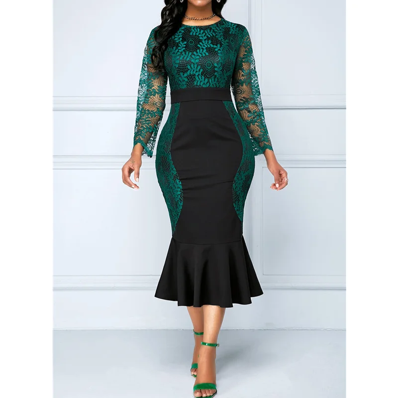 Plus Size Bodycon Floral Patchwork Hollow Out Ruffled Prom Dress Girl