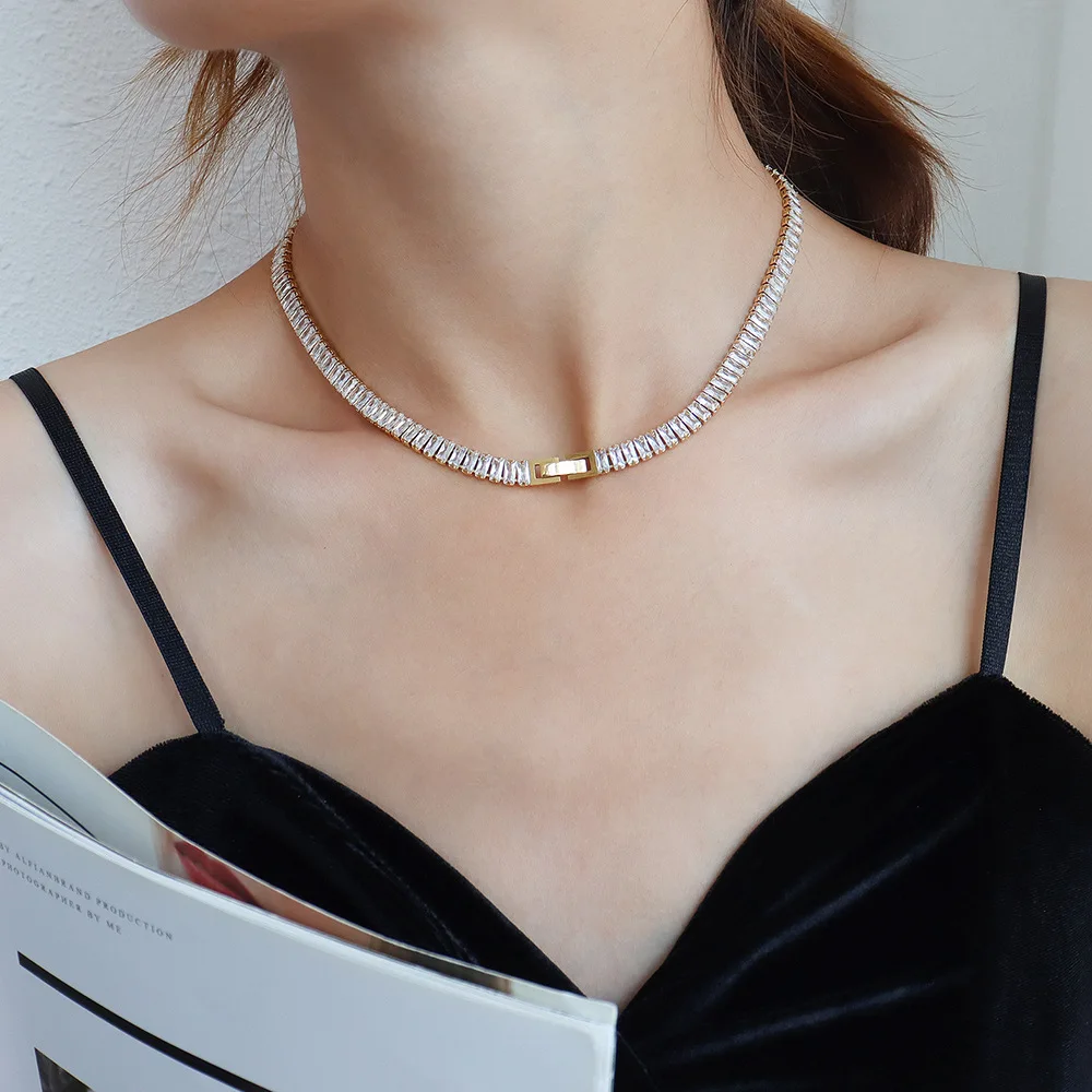 

2021 Ins Hot Square Cubic Zircon Stainless Steel Choker Necklace For Women