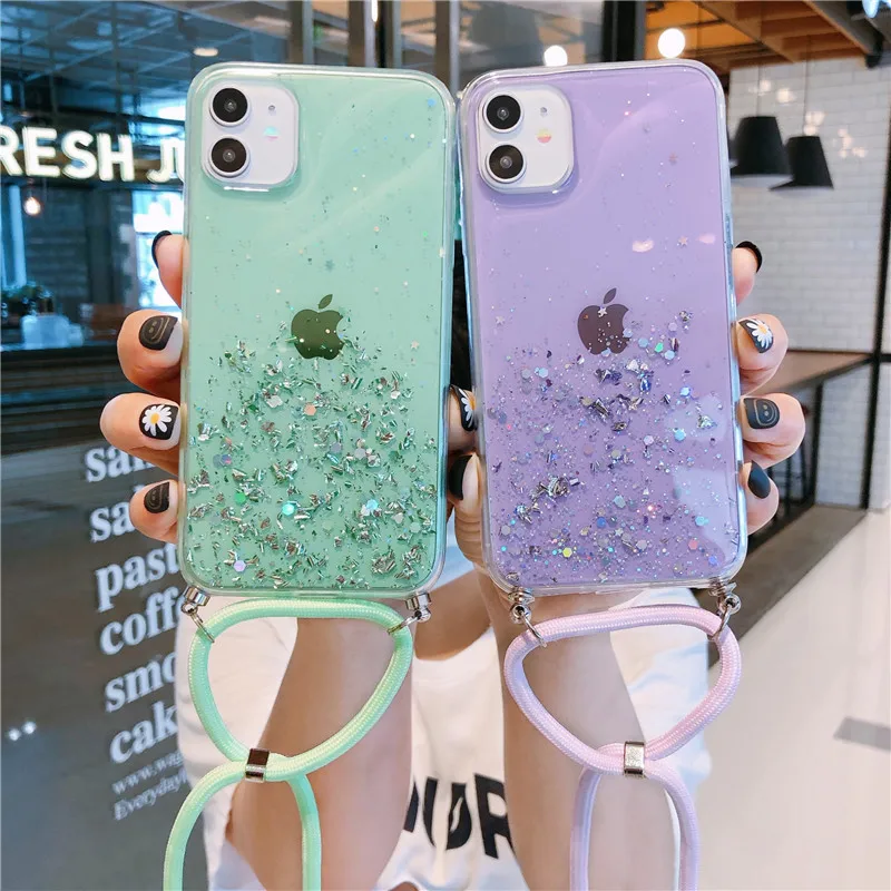 

Bling Glitter Stars Sequins Cord Chain Necklace Lanyard Phone Case For iPhone 12 11 Pro XS Max XR X 7 8 plus for samsung Note20, Red/green