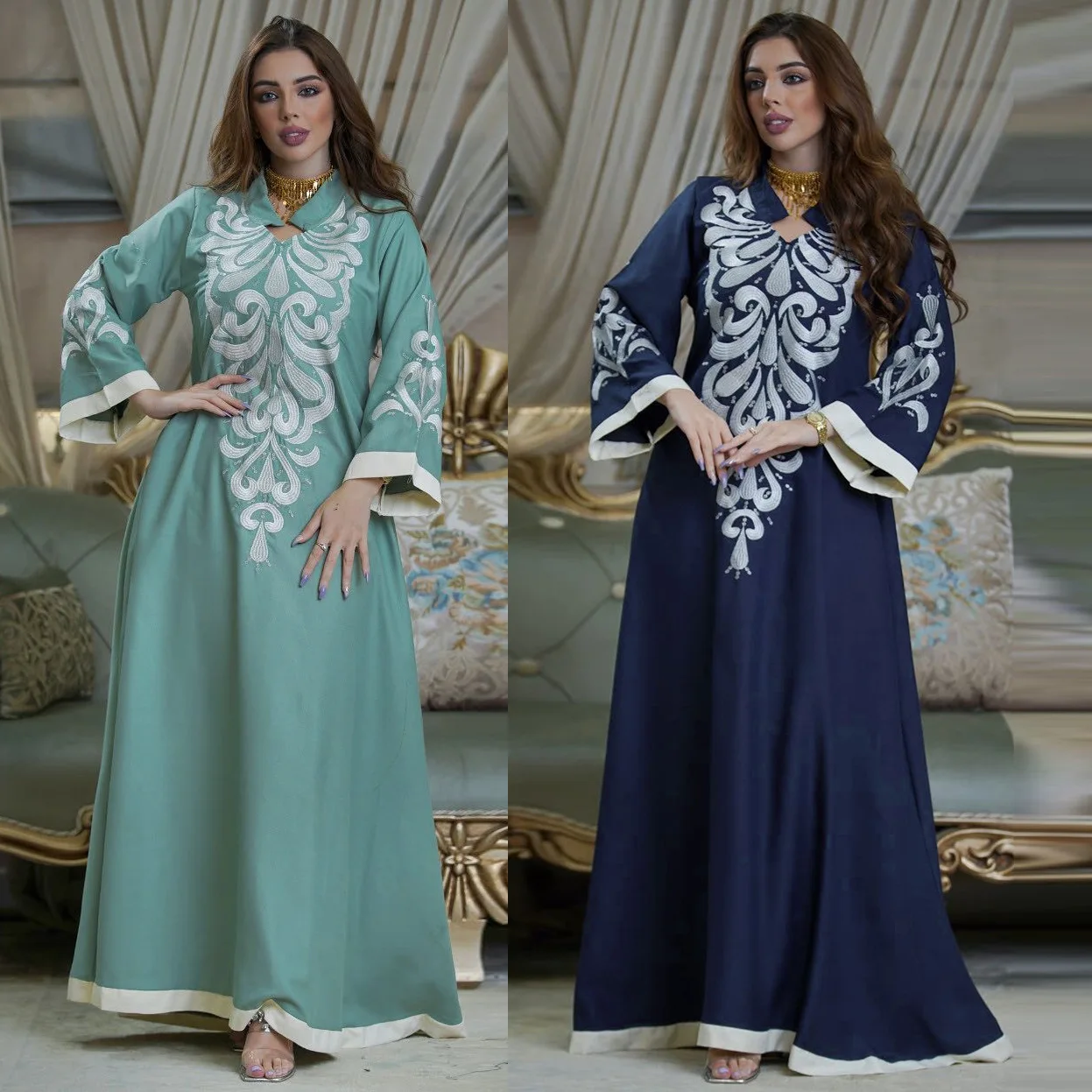 

2290 kuwii New design Southeast Asia luxury embroidery abaya fashion dubai eid dresses muslim women abaya, Dark blue,light green