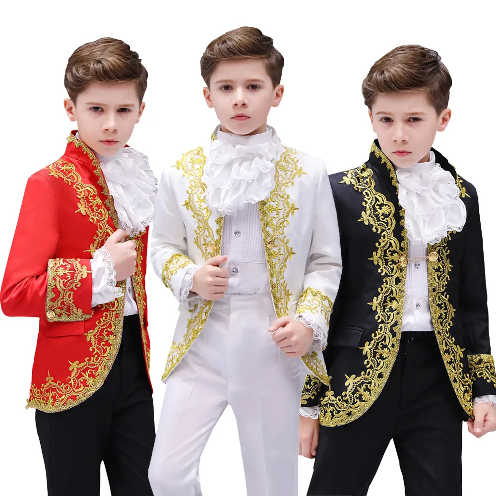 

Black Red and White Fashion Retro Court Children Boys Suits Three Piece Embroidery Performance Prince Charming Cosplay Kids Suit