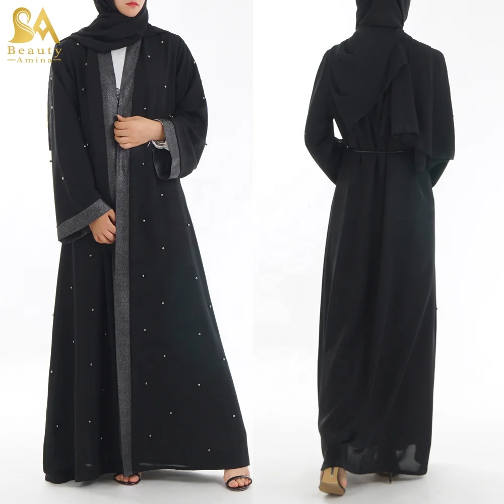 

pearl beaded long sleeve dress muslim opened abaya black bell sleeve