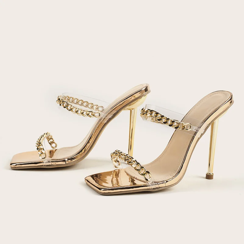

Woman Slipper PVC Clear Square Open Toe Sandals Elegant Metal Chains Stiletto High Heels Wedding Shoes Gold