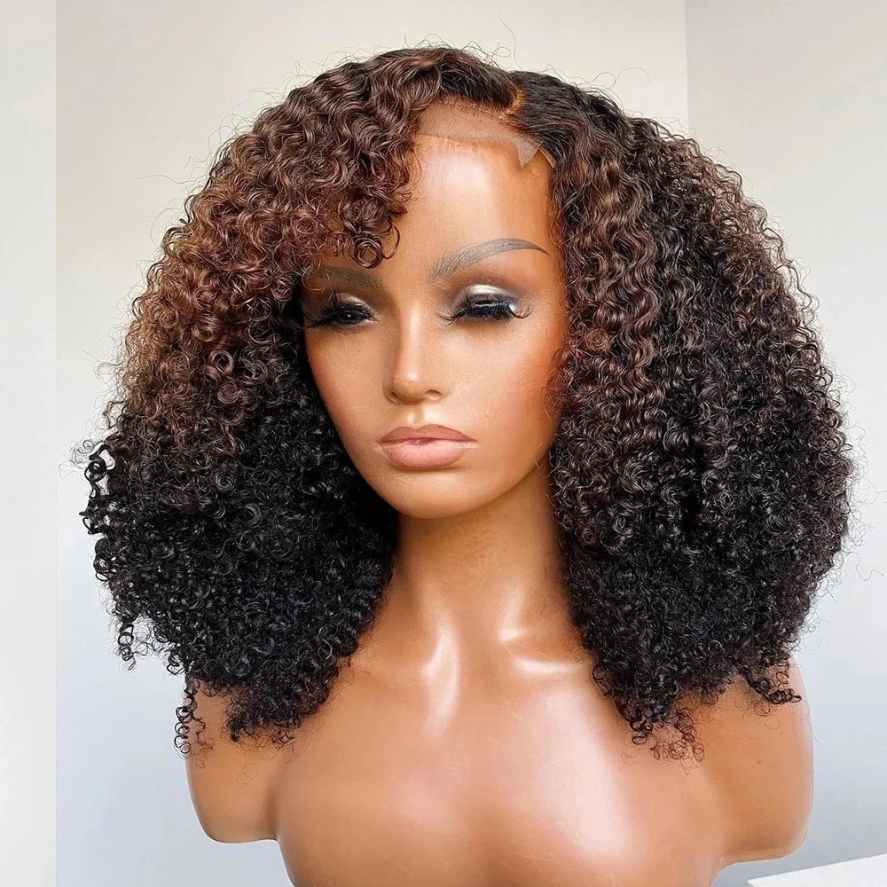 

Highlight Kinky Curly 13x4 Lace Front Human Hair Wigs For Women 130% DensityFringe Wig Remy PrePluck Natural Hairline Side Bangs