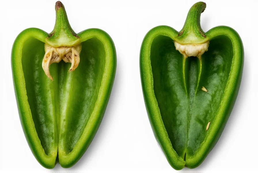 Comparison of jalapeno pepper before and after using a seeder showing clean interior with no seeds