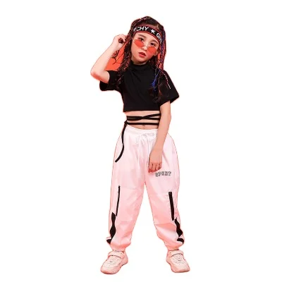 

IHJ1460 Children hip hop costumes girls clothes black t-shirt + casual pants suit, Customized color