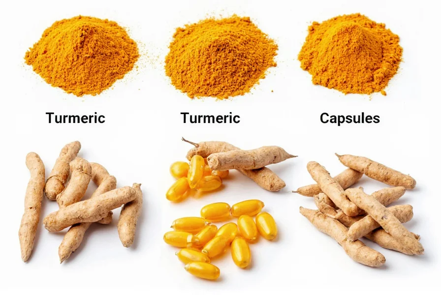 Turmeric root, powder, and capsules showing different forms of turmeric for measuring proper turmeric amount