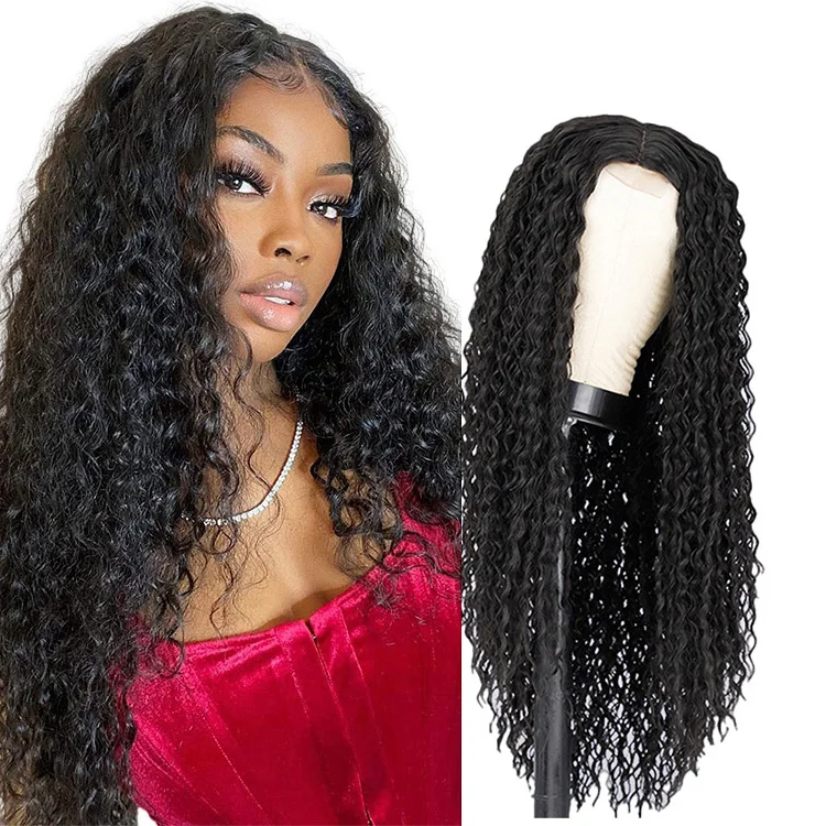 

Vigorous Cheap Price Long Jerry Curl Black Heat Resistant Fiber Middle Part Natural Hairline For Black Women Synthetic Hair Wigs