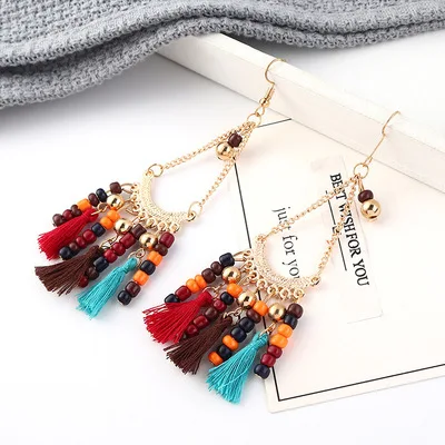 

Retro exaggerated tassel crawler earrings trendy handmade beaded gold filled earrings hoop, As pic