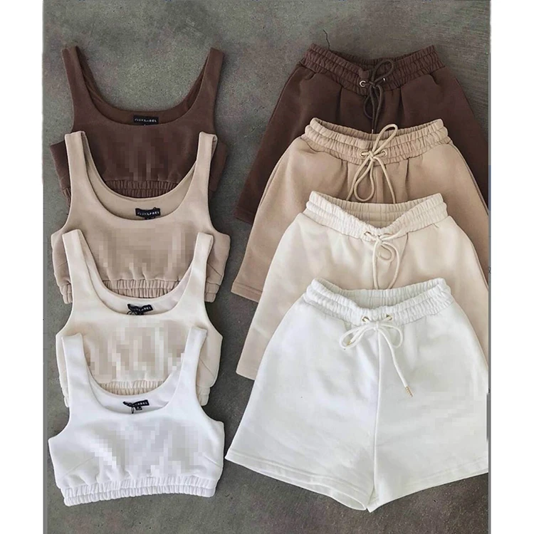 

Summer High Waist Custom Women's Shorts Gym Jogging Suits Hot Pants Cotton Two Piece Biker Short Set Womens Shorts