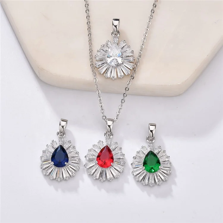 

Luxury Female water drop Pendant Necklace Wedding Necklace Blue Green Red Zircon Necklace For Women, Customized color