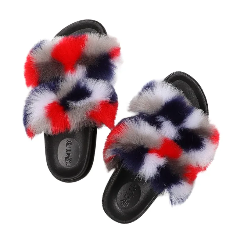 

Fluffy slides slippers two strap fur sandals for woman, Red,blue ,green ,orange ,brown and so on