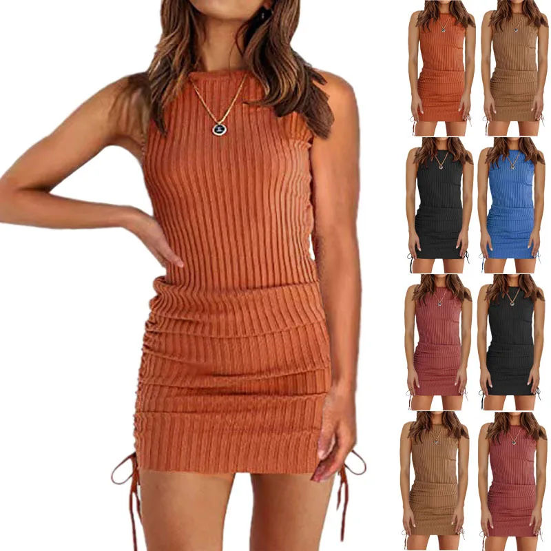 

Women's Clothing 2022 High Quality Casual Dress Rib Fabric Sleeveless Slimming Wrap Drawstring Sleeveless Bodycon Dress, Photo color