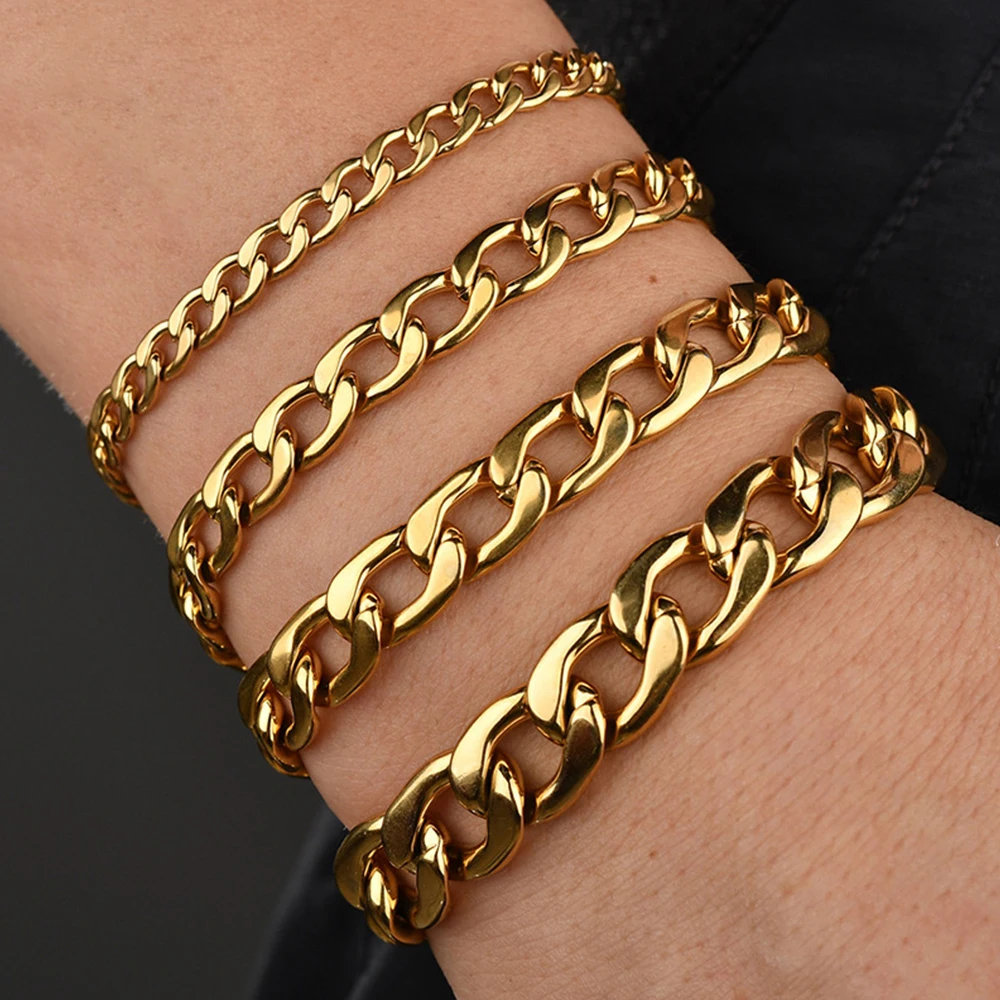 

Hip hop men accessories jewelry 18k gold plated pulsera cadena cubana stainless steel cuban link chain bracelet